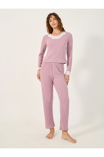 Styli Ribbed Brushed Lace Trim Top and Pyjama Pants Set