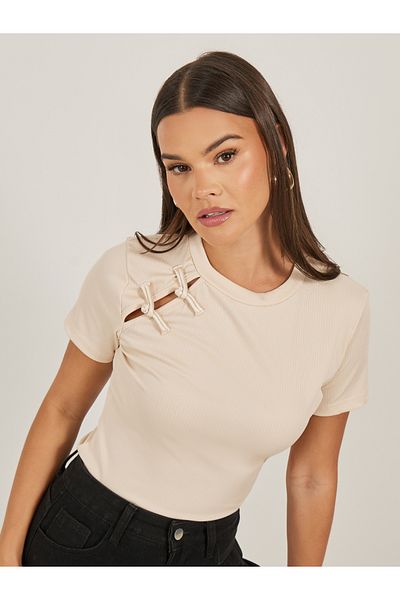 Styli Textured Bow Detail Round Neck T-Shirt