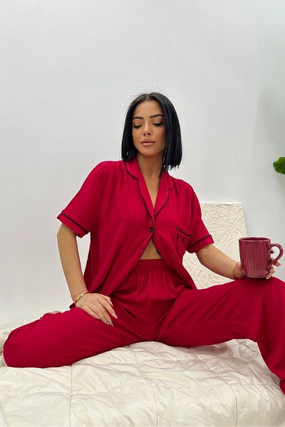 FENZO Women's Red-Black Short Sleeve Pajamas Suit Cotton Buttoned Pocket Design Detail