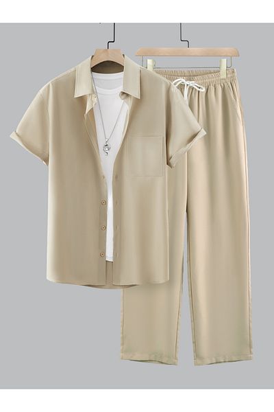 Take Two By Styli Solid Spread Collar Short Sleeve Shirt and Trousers Co-Ords