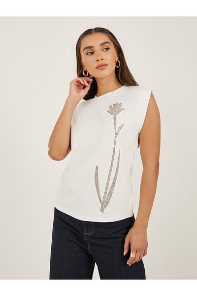 Styli Embellished Round Neck Fitted Tank T-Shirt