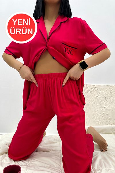 FENZO Women's Red-Black Short Sleeve Pajamas Suit Cotton Buttoned Pocket Design Detail