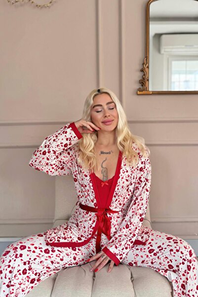 Pijamaevi Red Blossom Exclusive Women's Pajama Set with Knitted Dressing Gown