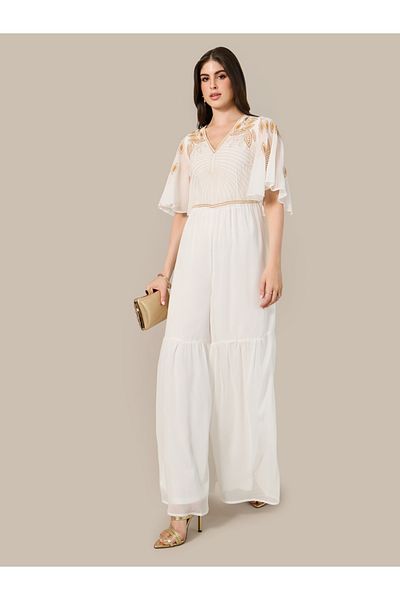 Styli Embroidered V-Neck Angel Sleeve Wide Leg Jumpsuit