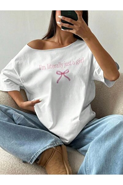 Charme Elegant Kadın Düşük Omuz Kayık Yaka Baskılı T-shirt