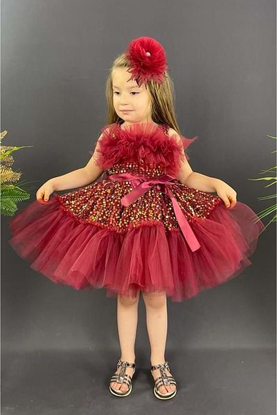 Mnk Baby&Kids Girl's Sequined Bouquet Model Evening Dress - Mnk0516 Claret Red