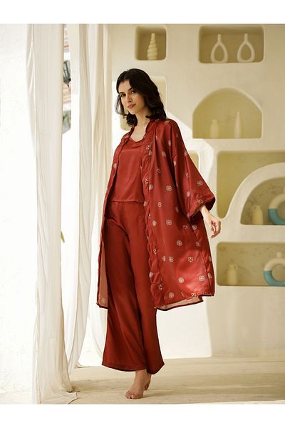 Sanskrutihomes By Styli Printed Kimono with V-Neck Top and Trousers Co-ords