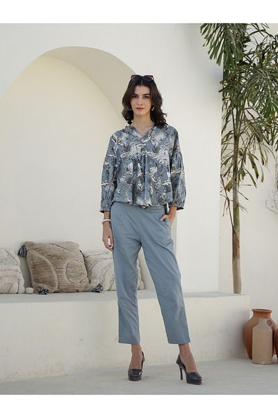Sanskrutihomes By Styli Printed V-Neck Cotton Shirt with Trousers Co-Ords