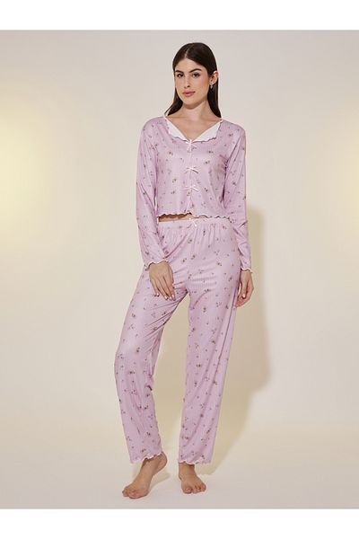Styli Floral Print Ribbed Lettuce Edge Hem Top and Pyjama Set