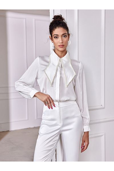 Luxewave By Styli Embellished Pleated Detail Satin Lapel Collar Shirt