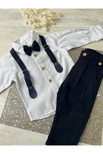 Butik FukukumBaby Gömleği Desenli Papyonlu Salopetli Takım Erkek Bebek Lacivert