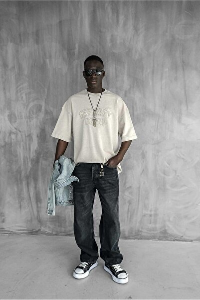 ablukaonline Ανδρικό μπλουζάκι με κεντημένο σλόγκαν στο μπροστινό μέρος, πλένεται Oversize Stone