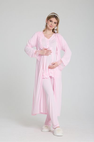 venera Maternity Pajama Set Lace Detailed Set with Hidden Breastfeeding and Dressing Gown