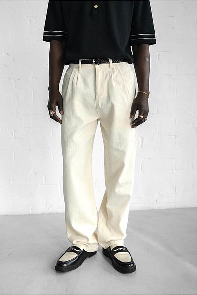ablukaonline Beige Patterned Baggy Trousers Men's Elastic Waist