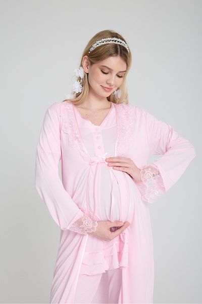 venera Maternity Pajama Set Lace Detailed Set with Hidden Breastfeeding and Dressing Gown