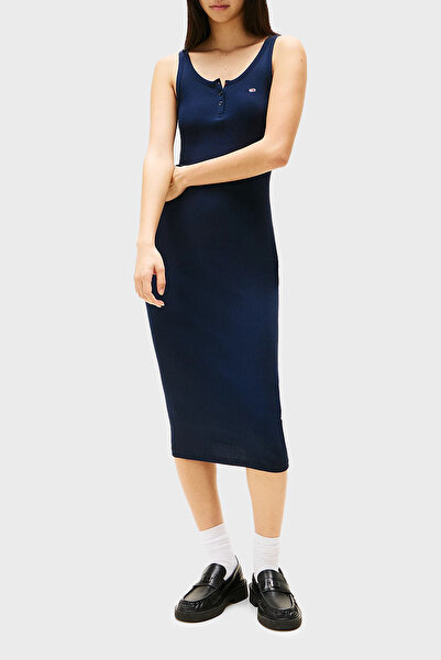 Tommy Jeans Fitilli % 100 Pamuk Slim Fit Midi Boy Kolsuz Elbise ELBİSE DW0DW1...