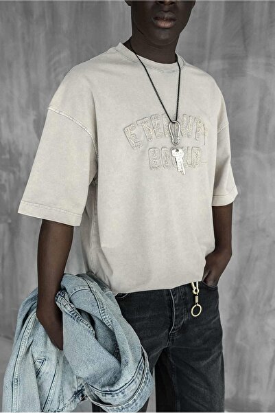 ablukaonline Ανδρικό μπλουζάκι με κεντημένο σλόγκαν στο μπροστινό μέρος, πλένεται Oversize Stone