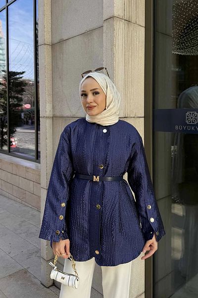 Melike Tatar معطف واقٍ من المطر بحزام جاكار للسيدات مع تفاصيل إغلاق سريع 2307