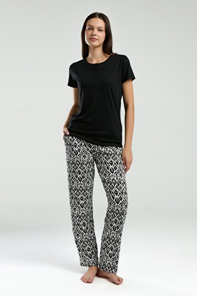 Arnetta Women's Three Button Crew Neck Short Sleeve Long Pants Pajama Set (Available in Oversize Size)