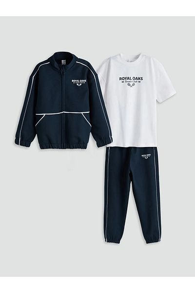 LC Waikiki Lcw Kids Navy Blue Boys' T-Shirt Cardigan and Sweatpants 3-Piece