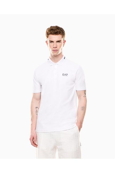EA7 Men's Regular Fit Cotton Pique Fabric Collar Pattern White Polo Neck T-Shirt with Ea7 Logo