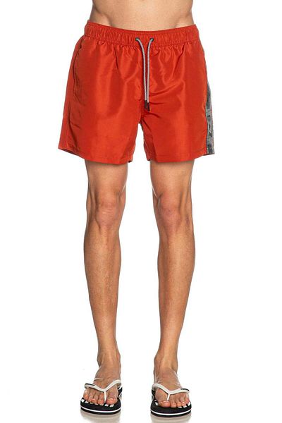 EA7 Men's Red Swim Trunks with Stripe Sides and Elastic Waistband and Drawstring Tie Quick Drying Stretchy Fabric 7m