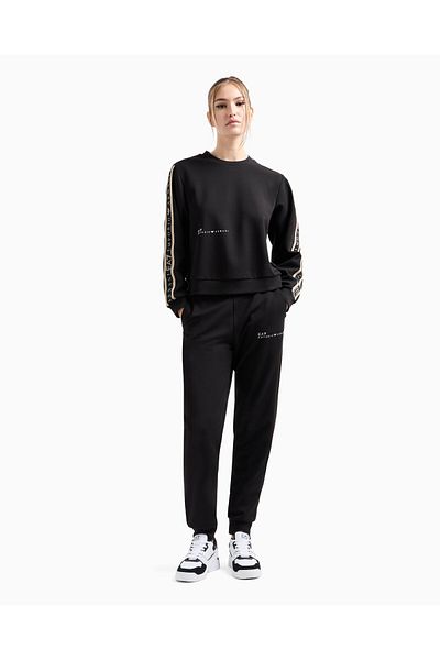 EA7 Women's Sleeves and Waist Ea7 Logo Band Breathable Fabric Black Sweatpants Set 7W 000283   Af12501-Uc0