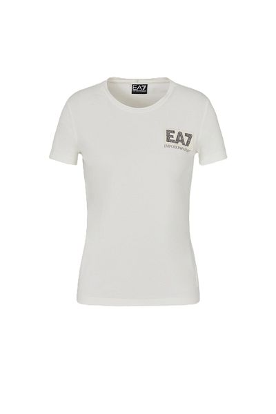 EA7 Women's Round Neck Regular Cut Cotton Short Sleeve White T-Shirt 7W 000492   Af10373-U0005