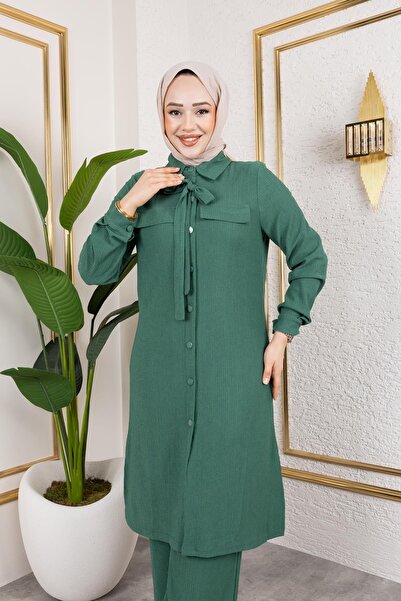 Moda Ebva Flar Detaylı İkili Tesettür Takım-3151 Yeşil