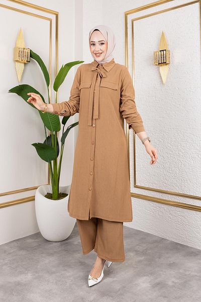 Moda Ebva Flar Λεπτομερές Διπλό Μουσουλμανικό Κοστούμι-3151 Latte
