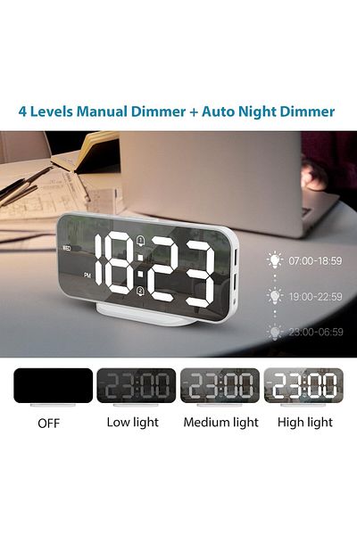 COOYA LED Mirror Digital Alarm Clock,with Dual Alarm,Adjustable Brightness,2 USB Ports,16cm