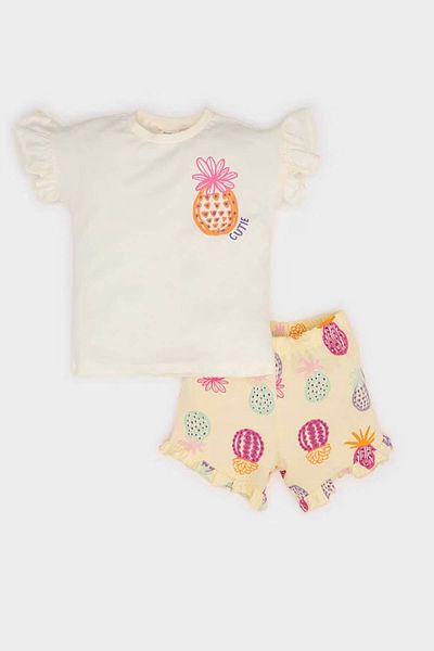 DeFacto Printed Short Sleeve T-Shirt Patterned Shorts Ecru Baby Girl Top and Bottom Set E6453A5/Er105