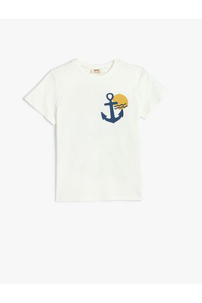 Koton Bavlněné tričko Basic s krátkým rukávem - Anchor Print, Crew Neck