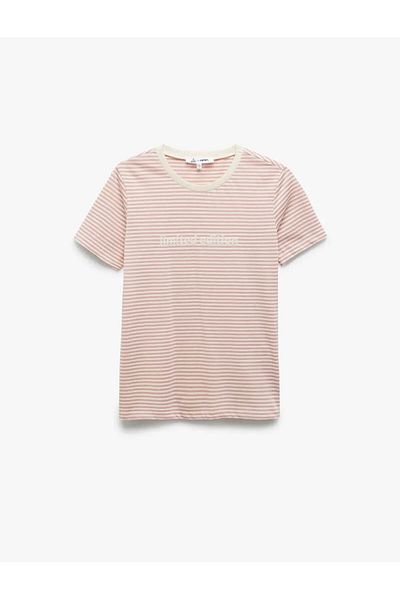 Koton Striped Printed Crew Neck Pink Women's T-Shirt 5Sal10095Ik