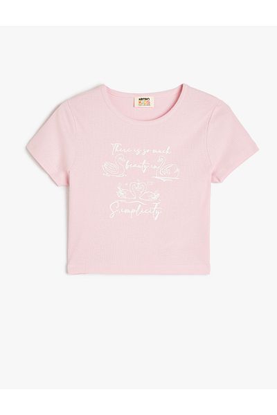 Koton Cotton Crew Neck Short Sleeve Slogan Printed Crop T-Shirt