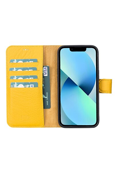 PLM Apple iPhone 13 Pro Uyumlu Deri Cüzdanlı Kılıf Limon Sarı