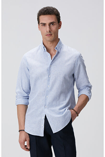 Network Mavi Beyaz Çizgili Keten Karışımlı Gömlek
