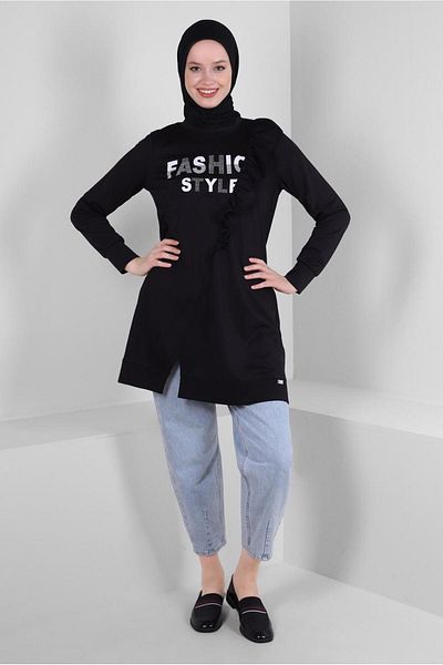 Alvina 43699 Model Text Printed and Ruffle Detailed Tracksuit Tunik