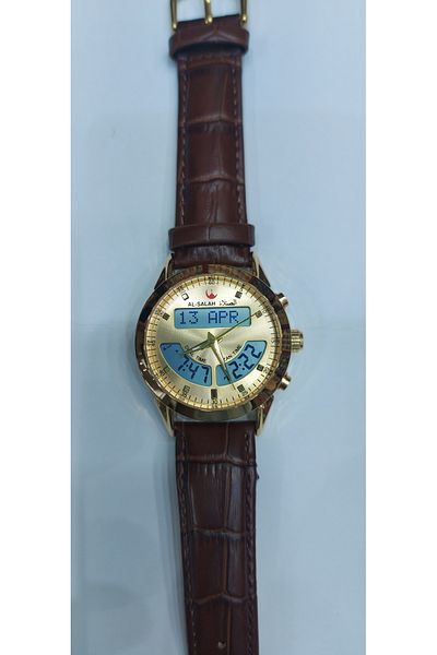 Generic Islamic Prayer Clock Leather Dual Time Gold