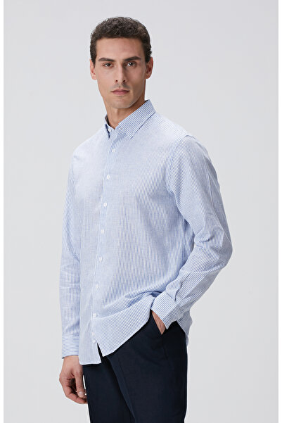 Network Mavi Beyaz Çizgili Keten Karışımlı Gömlek