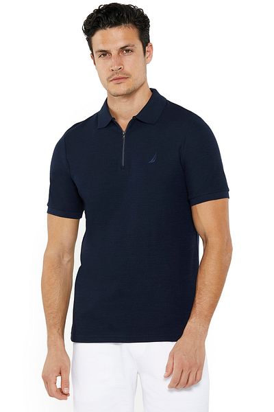 Nautica Men's Navy Blue Short Sleeve Zip Polo Shirt, Stylish Lightweight Knit for Sophisticated Summer Style