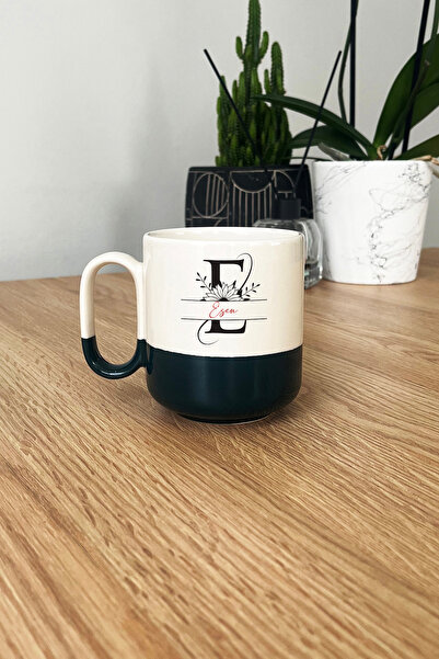 Hedizu Kişiye Özel Ayçiçek E Harfli Pro Kupa Bardak Siyah İsme Özel İsimli İs...