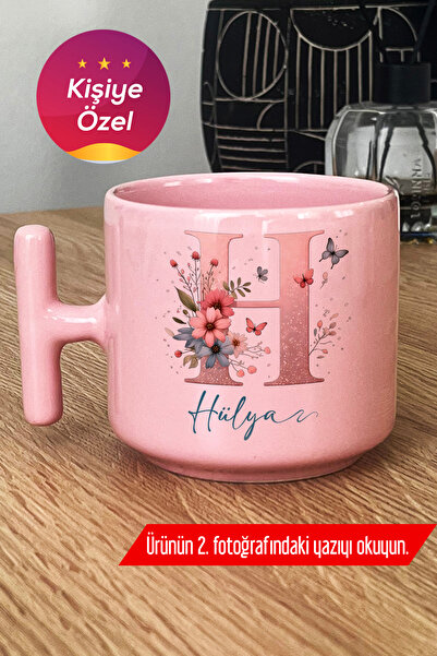 Hedizu Kişiye Özel Çiçekli Kelebekli H Harfli Pastel T Kulplu Kupa Bardak Pem...