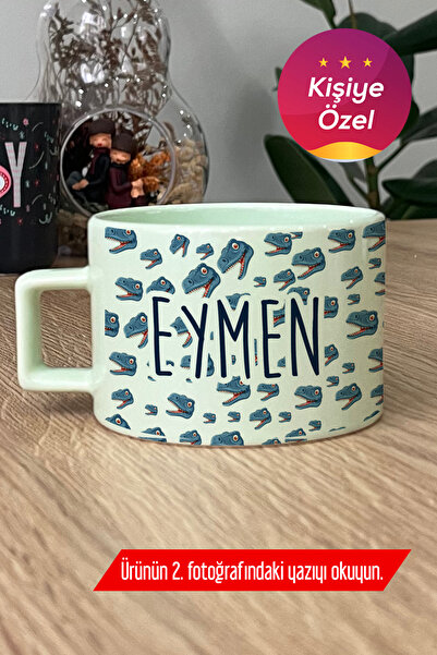 Hedizu Kişiye Özel Dinazor Desenli Pastel Fincan Yeşil Erkek Çocuğa Hediye O8...