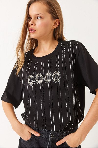 Bianco Lucci Women's Crew Neck Short Sleeve Stone Printed T-Shirt 60283035