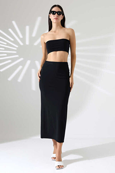 MOSRANİC Women's Black Crop Ruffle Skirt Set Mcs 223