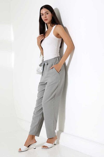 MOSRANİC Women's Gray Striped Elastic Waist Carrot Leg Classic Trousers Xn 8016
