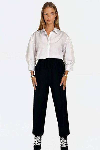 VAGGON Women's Black High Waist Front Grassed Double Pocket Linen Palazzo Trousers Prmx13775