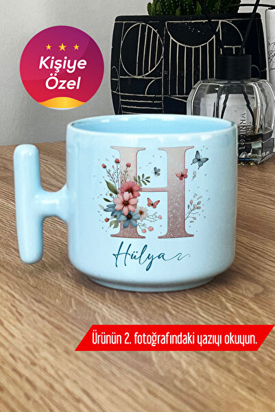 Hedizu Kişiye Özel Çiçekli Kelebekli H Harfli Pastel T Kulplu Kupa Bardak Mavi İsimli İsim Yazılı H6H X0D