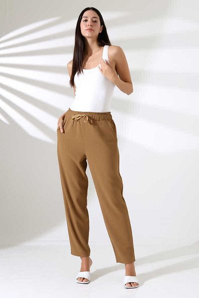 MOSRANİC Women's Brown Elastic Waist Carrot Leg Classic Trousers Xn 8018